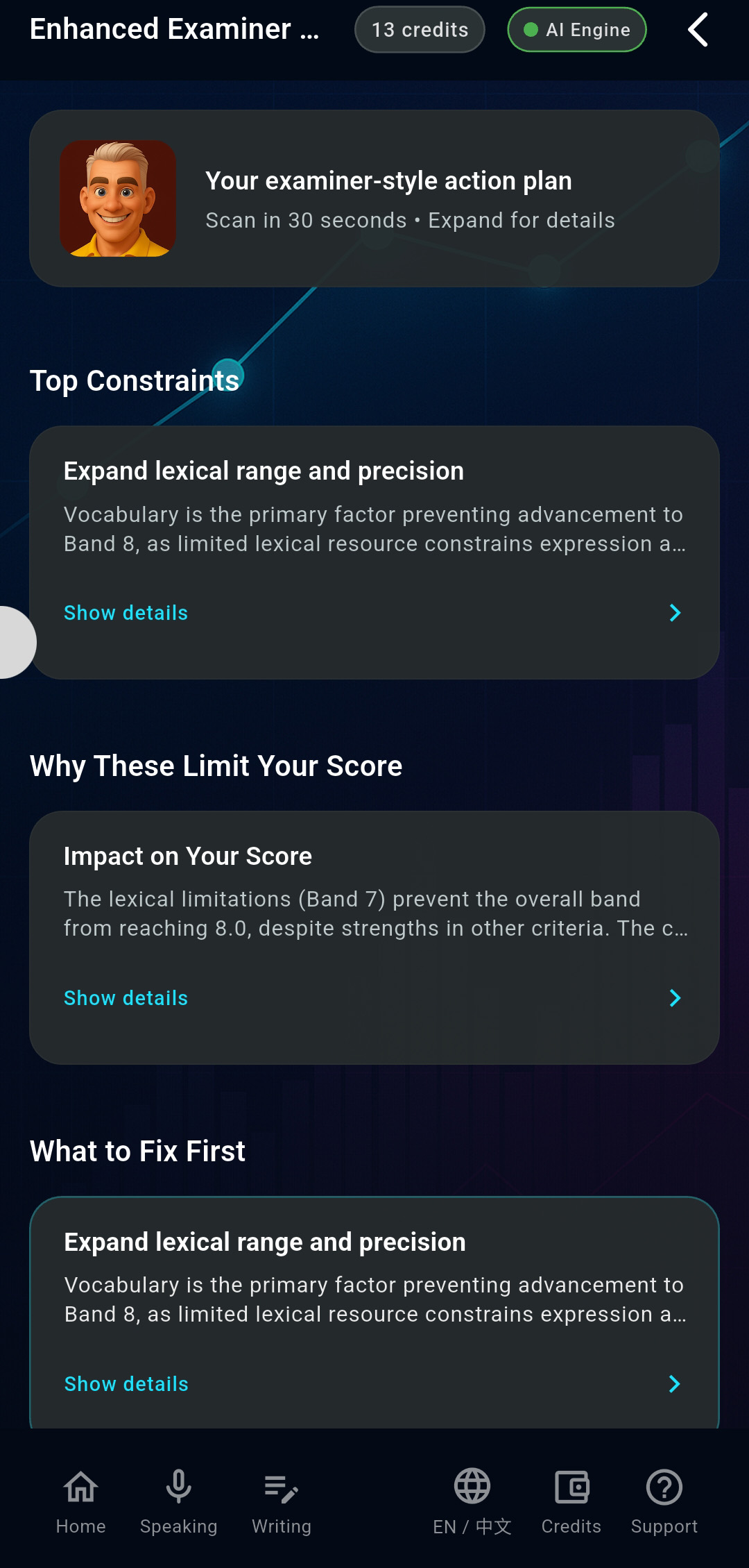 Pathora examiner-style IELTS band analysis report